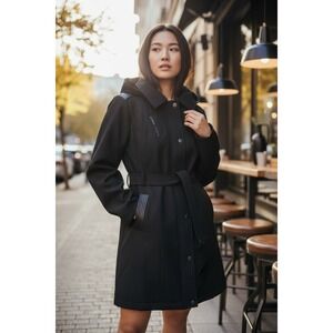 Michael Kors Women Black Hooded Trench Coat Belted Faux Leather Trim‎ Size M